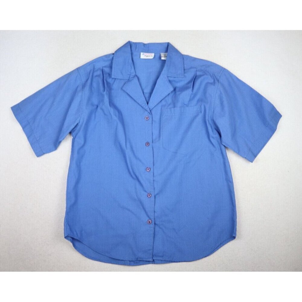 WOMEN'S BLUE SHORT SLEEVE BUTTON-UP TOP - PICTURE PERFECTION - 10